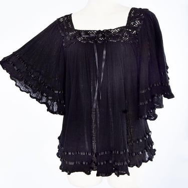 Black Cotton Gauze Flared Boho Hippie Blouse Top Tunic Angel sleeves 1970's Lace Mexican 1980's Vintage Ribbon 