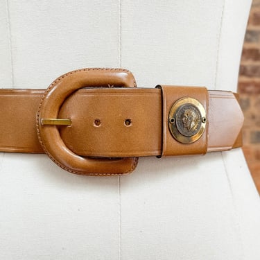 wide tan leather belt | 80s 90s vintage gold coin medallion statement belt 