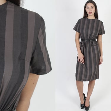 1950s Grey Striped Wiggle Dress / Vintage 50s Variegated Black Skinny Dress / Retro Mid Century Lined Pencil Cocktail Outfit 