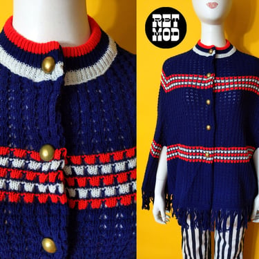 Mod Vintage 60s 70s Navy Red White Stripe Crochet Poncho with Button-Down Front 