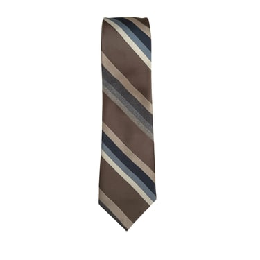 Lily Dache Vintage Mens Brown Blue Striped Silk Polyester Retro Tie Necktie