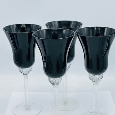 Vintage (4) Black Amethyst Color wine Glasses Clear Diamond Point Stems - Lovely condition 
