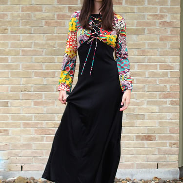 Vintage 1960s Gay Gibson Maxi Dress, Small Women, black stretch skirt, multicolor top 