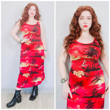1990s Vintage Red Sunset Spandex Wiggle Dress / 90s Palm Tree Tropical Souvenir Tank Dress / Size XL 