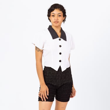 Vintage 80s Black & White Polka Dot Chelsea Collar Blouse - Small | Gothic Rockabilly Crop Top Button Up Shirt 