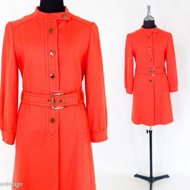 1960s Orange Wool Coat Dress | 60s Bright Orange Wool Mod Winter Dress 