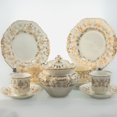 Antique Copeland and Garrett Late Spode Felspar Porcelain Set | Elegant Rococo Style Cups, Saucers, Plates, Bowl 