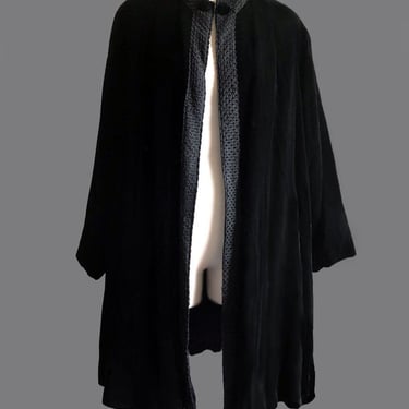 like new* 1940s RUSSEKS Vintage Black Silk Velvet Womens Jacket, Warm Coat, 1950's ART DECO 