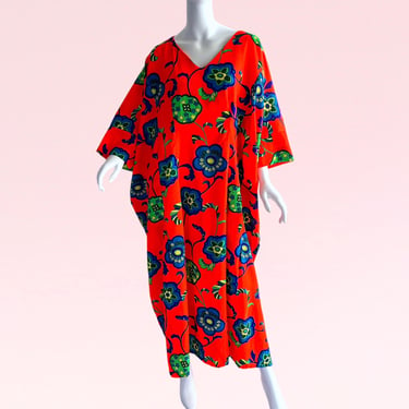 1970s Vintage Hawaiian Psychedelic Kimono Caftan, Flowers Neon Maxi Dress 