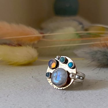 Moonstone Moon Cocktail Ring Party Ring Aquamarine Turquoise Opal Amazonite Silver and Gold Filled Ring 