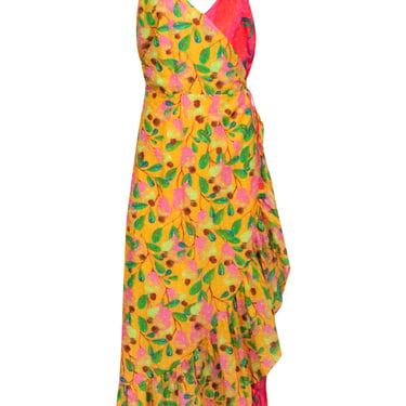 Farm - Yellow &amp; Pink Color Block Chili Pepper Sleeveless Wrap Dress Sz XL