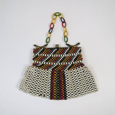 Vintage 1930s, 1940s beaded purse, wood bead, rainbow, color block 