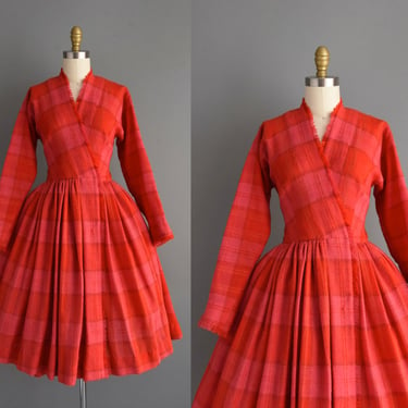 1950s vintage dress | Anne Fogarty Red & Pink Plaid Print Wool Shirtwaist Dress | Small | 50s dress 