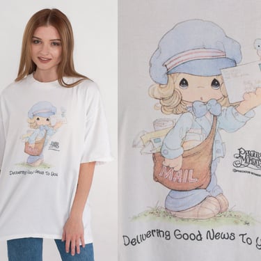 Precious Moments Shirt 90s Delivering Good News to You T-Shirt Mail Postman Cartoon Graphic Tee Cute Retro Kawaii White Vintage 1990s XL 