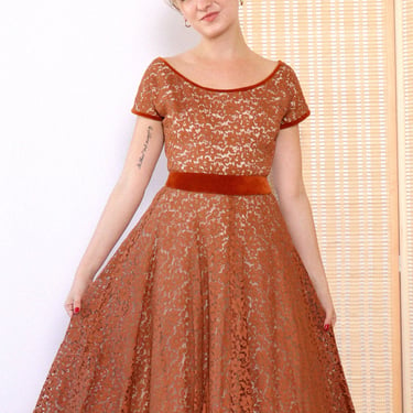 1950s Copper Lace Velvet Dress XS
