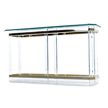 Post Modern Clear Acrylic Lucite Sofa Table with Gold Spanners and Glass Top 