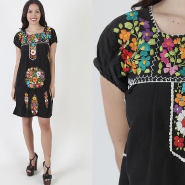 Mexican Festival Dress Bright Floral Hand Embroidered Black Quinceanera Mini Vestido 