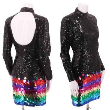 80s sequin rainbow pride mini dress sz 6 / vintage 1980s NITELINE cocktail club black evening dress M 