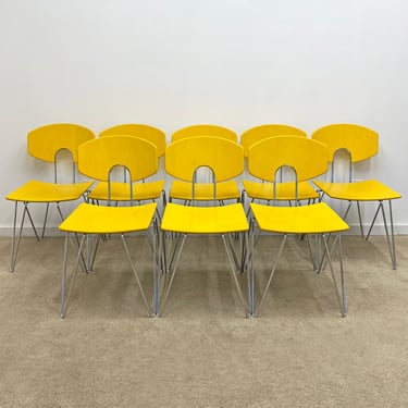 mid century Kusch Germany Walter Leeman Mikado 1800 wood stacking side chairs yellow (8) post modern 