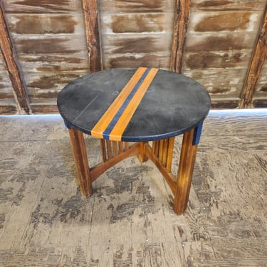 Round Wooden Table with Orange Stripes 24.5W x 23.75H
