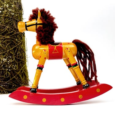 Vintage Wooden Tabletop Rocking Horse | Taiwan | Yarn Hair | Lucie Sable Imports, Chicago, ILL 1980s | 7.5” tall 