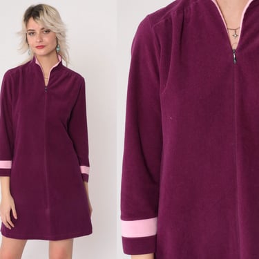 Velour Robe Dress 70s Vanity Fair Mini Purple Pink Stripe Lounge Pajama Long Sleeve 1970s Front Zip Loungewear Vintage Medium 8 