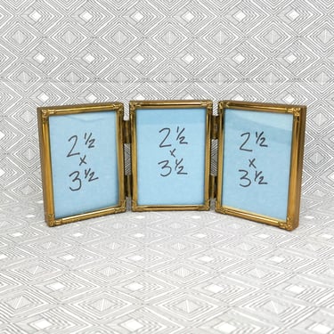 Vintage Small Tri-Fold Hinged Picture Frame - Gold Tone, Metal, w/ Glass - Triple Holds 2 1/2