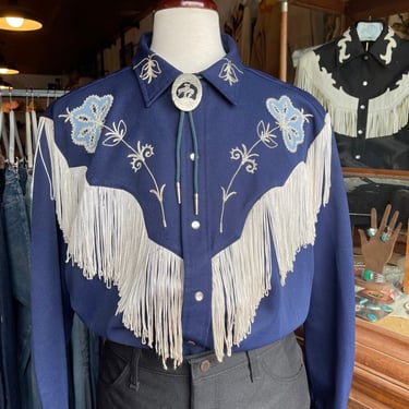 VTG 70s' H Bar C Navy Fringe Western Pearl Snap | High Class