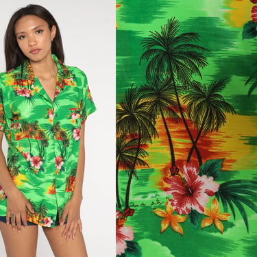 Tropical Floral Shirt 80s Neon Green Hawaiian Blouse Palm Tree Button Up Shirt Vintage Surfer Vacation Short Sleeve Top 1980s Island Medium 