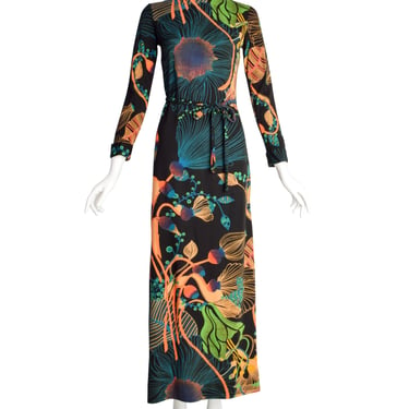 Lanvin Vintage 1970s Psychedelic Floral Jersey Maxi Column Dress