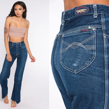Brittania BELL BOTTOMS Jeans Flared Pants Bohemian High Waisted Jeans 80s Denim Pants 70s Hippie Boho Vintage Hipster Dark Blue Small S 26 