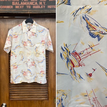 Vintage 1950’s -Deadstock- Atomic Marlin Nautical Rockabilly Nylon Hawaiian Shirt, Loop Collar, 50’s Vintage Clothing 