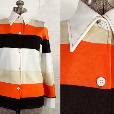 Vintage Mod Top 70s Orange Brown White Ivy Stevens 1970s Long Sleeved Button Front Gogo Striped Stripes Colorful Dopamine Small Medium 