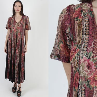 Rose Print Lace Grunge Dress / 90s Sheer Violet Floral Material / Womens Gypsy Lace Sweeping Skirt / Goth Festival Romantic Maxi Dress 