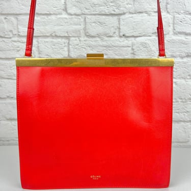 CELINE  Vintage Mini Clasp Smooth Calfskin Leather Crossbody Bag, Tomato red