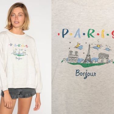 Paris Sweatshirt 90s France Sweater Embroidered Bonjour Eiffel Tower Graphic Travel Tourist Shirt Heather Grey Vintage 1990s Extra Large xl 