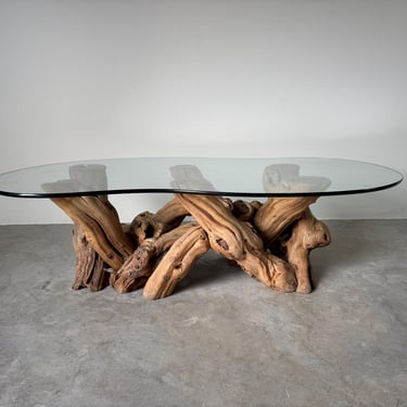 Mid Century Burled Driftwood Coffee Table With Amorphic Glass Top 