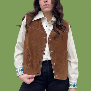 Vintage Suede Vest Retro 1980s Genuine Leather + Size Large + Brown + Cowhide + Sherpa Lining + Western + Cowboy + Unisex + Made in Mexico 