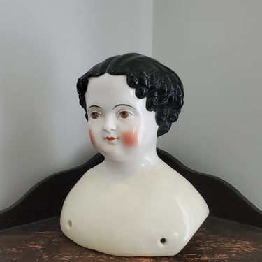 Large Antique China Doll Head - Flat Top Hairstyle with Visible Part - Repaired - 6.5" Tall - Antique German Dolls - Doll Parts 