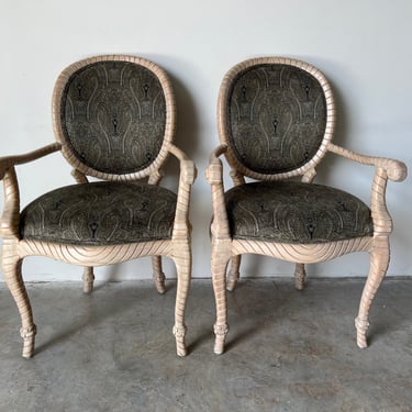 Hollywood Regency Wood Carved Rope and Tassel Armchairs - a Pair 