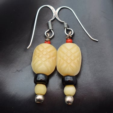60's carved nephrite glass 925 silver dangles, Asian inspired cream red black beads sterling earrings 