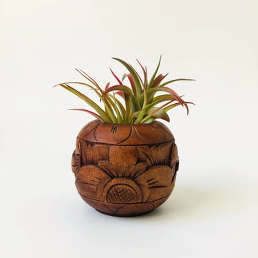 Vintage Carved Wood Floral Sphere Vase 