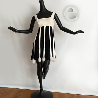 MOD Vintage 60s "Swinger" Dress | Black & White Car Wash Style w/ Maribou Feathers | Twiggy on Carnaby Street meets Debbie Harry Blondie 