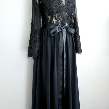 1980s Couture Black Lace Evening Gown- Long Sleeve Formal Dress- Size Large- 12/14 