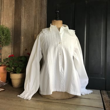 French Chemise Blouse, White Cotton, Ruffle Collar Sleeves, Embroidery, Lace, Monogram, French Farmhouse 