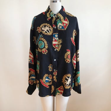Oversized Jacquard Silk Blouse with Crest Motif - 1980s 