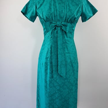 1970s Teena Paige Green Floral Cocktail Dress 