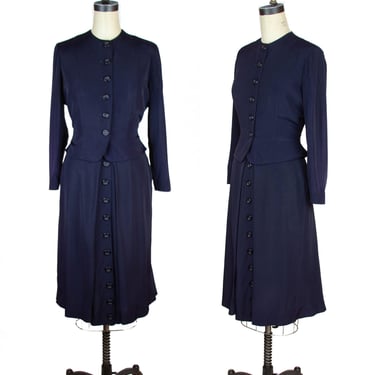 1940s Suit ~ Navy Faille Tailored Suit with Buttons Up Skirt 