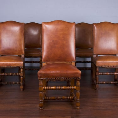 Antique French Louis XIII Style Maple Dining Chairs W/ Brown Leather - Set of 8 