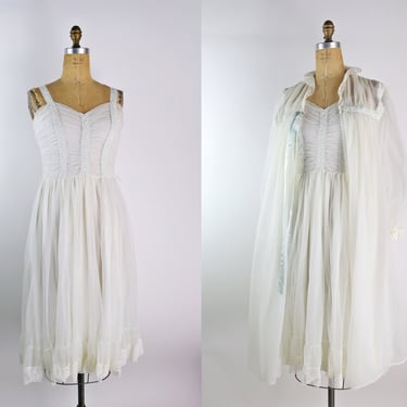 50s Wedding Lingerie Set / White Peignoir set / Vintage Nightgown / Vintage Robe / Slips / Size S/M 